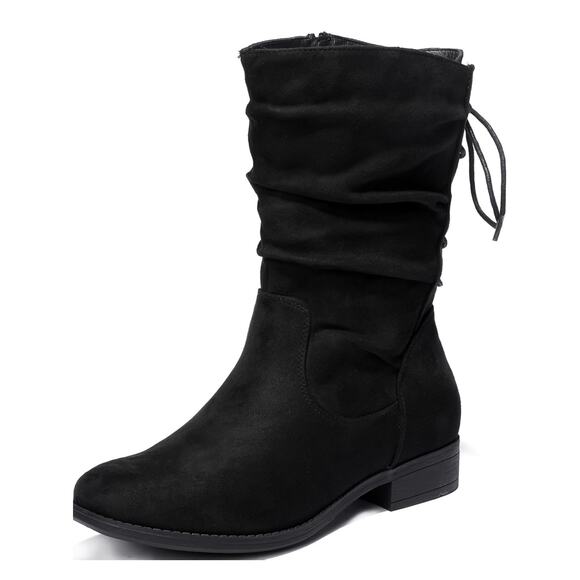 NEW Women’s Sz 9 XW Black Calf Boots – Low Heel Inside Zip Slouchy Lace-Up Backs - Picture 3 of 14